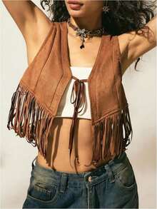 Women's Vest Cardigan, Vintage Solid Color Tassel Sleeveless Lace-Up Vest Cardigan, For Party Club Street Wear - nâu đỏ - Xem 2