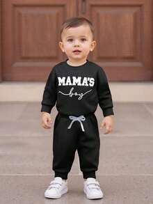 Newborn Baby Boys Outfit Waffle Knit Long Sleeve Mama's Boy Embroidery Sweatshirt Top Pants Set Infant Bodysuit Fall Winter Clothes - 黑色 - 查看 2