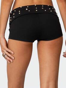 Womens Y2k Grunge Mini Shorts Fold Over Low Rise Studded Rivet Rave Concert Club Punk Goth Micro Bottoms Casual Slim Fit Stretchy Yoga Shorts Loungewear - Black - View 6