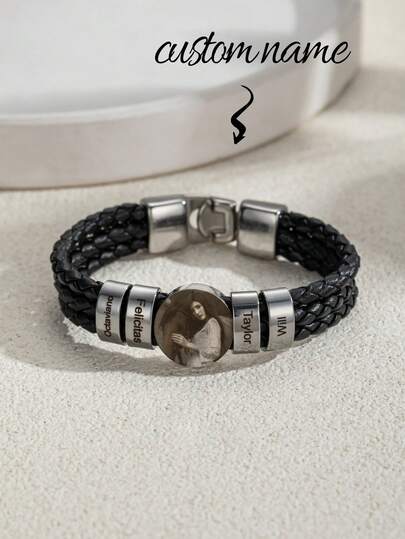1pc Personalized Engraved Name & Photo Leather Cord Bracelet, Minimalist Black Braided Leather Cord Multi-Name Custom Bracelet With Photo, Stainless Steel Multi-Name Photo Bracelet Gift For Dad, Father's Day, Valentine's Day, Birthday, Anniversary