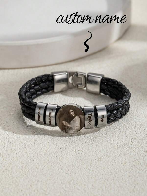 1pc Personalized Engraved Name & Photo Leather Cord Bracelet, Minimalist Black Braided Leather Cord Multi-Name Custom Bracelet With Photo, Stainless Steel Multi-Name Photo Bracelet Gift For Dad, Father's Day, Valentine's Day, Birthday, Anniversary
