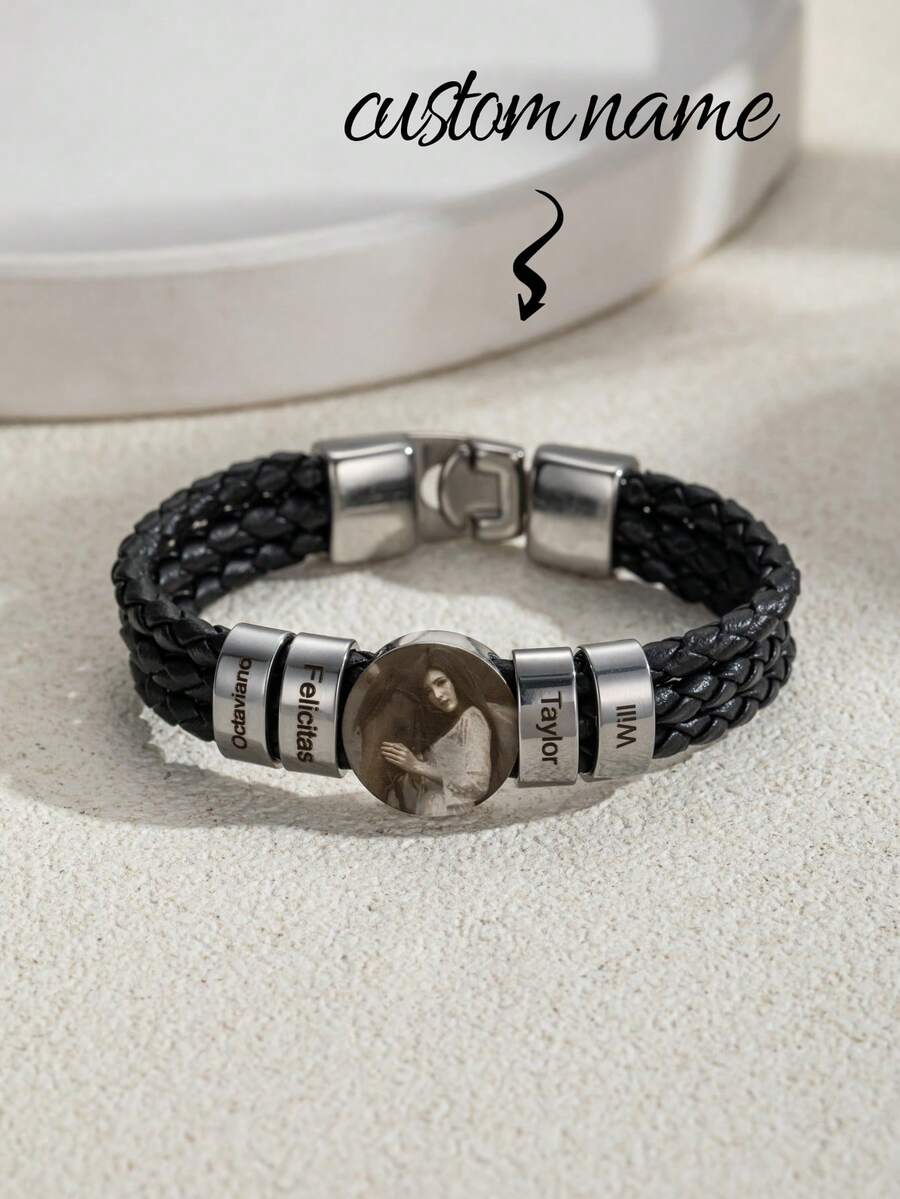 1pc Personalized Engraved Name & Photo Leather Cord Bracelet, Minimalist Black Braided Leather Cord Multi-Name Custom Bracelet With Photo, Stainless Steel Multi-Name Photo Bracelet Gift For Dad, Father's Day, Valentine's Day, Birthday, Anniversary - Multicolor - View 1