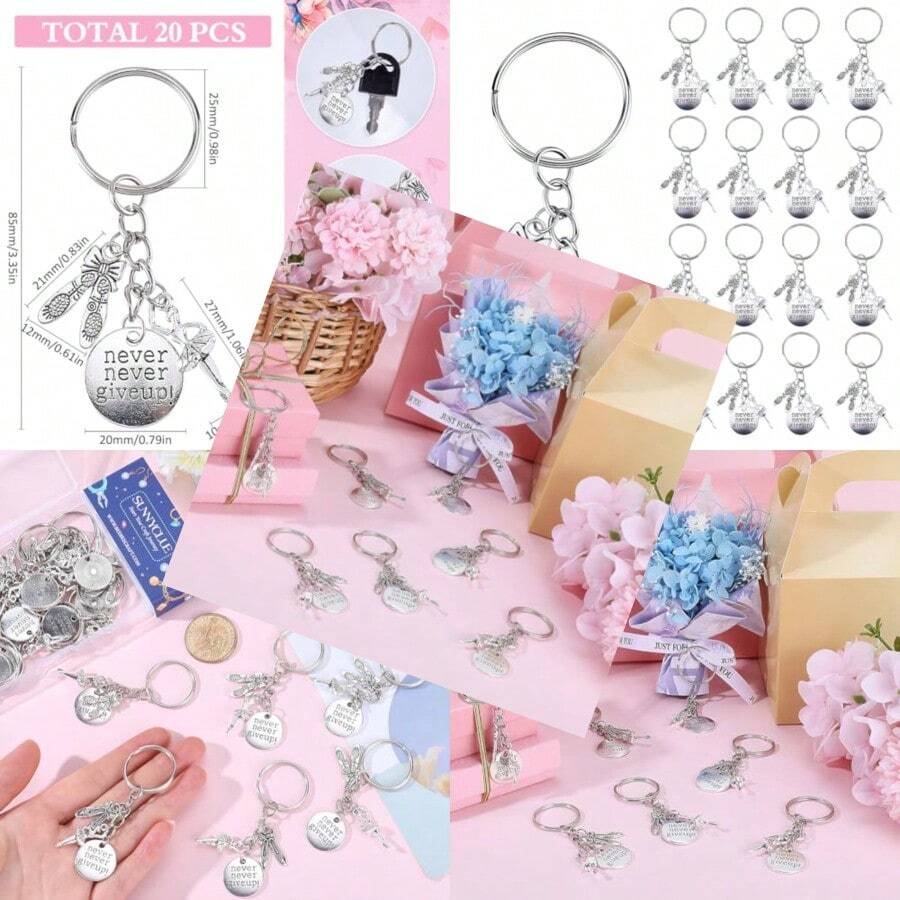 SUNNYCLUE 1 Box 20Pcs Never Give Up Keychain Bulk Ballet Keychain Pack Antique Silver Alloy Inspiration Word Dance Key Chains For Party Favor Wedding Favors Handbag Decoration Christmas Adults Gift