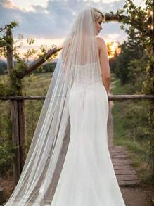 1pc Solid Color Long Simple Elegant Single Layer Bridal Veil, Suitable For Weddings, Soft Mesh Women's Holiday Headpiece Fall Clothes For Women