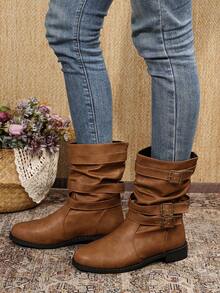 Fall/Winter New Women's Black Warm Boots, Fashionable Round Toe Soft Leather Riding Boots, Western Style Side Zipper Boots