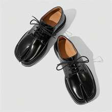 Split Toe Loafers For Women Tabi Shoes Platform Chunky Heel Loafers Lace Up Business Casual Black Leather Shoes - 黑色 - 查看 4