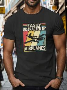 Camisetas de Manga Corta para Hombre con Estampado de Aviones Fáciles de Distraer, Cómodas y Casuales con Cuello Redondo Elástico para Actividades al Aire Libre - Estilo negro 2 - Ver 9