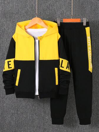 2pcs Boys Letter Print Patchwork Hoodie And Pants Set, Casual Sports Outfit For Autumn/Winter