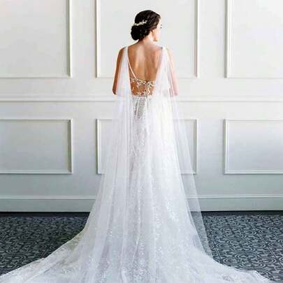 1pc Minimalist Sheer Bridal Cloak, Long Veil Shawl Wedding Accessory