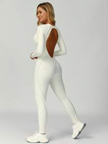 MASKERT 女士运动服瑜伽服连体裤跑步运动健身服高弹瑜伽服居家休闲舒适亲肤 - 奶油白 - 查看 6