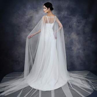 1pc Bridal Cloak, Long Regal Bridal Faux Pearl Cape, Handmade Tulle Beaded Shawl Wedding Accessory Fall Clothes For Women