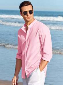 Runcati Men Linen Shirt Button Down Long Sleeve Cotton Beach Band Collar Casual Summer Shirts - Hồng - Xem 4