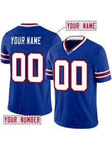 Custom-Made Men's American Football Jersey With Embroidered Name And Number, Buffalo Blue V-Neck Personalized Short-Sleeved Shirt. DIY Sizes Summer - Blue - View 2
