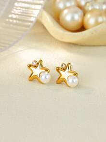 Tiny Bubble Star Stainless Steel Earrings With Artificial Pearls Cubic Zirconia, 18K Gold-Plated Anti Fading Stud Earring For Women, Wedding Vacation Jewelry Accessories, Christmas Gifts For Mom/Best Friends/Daughter