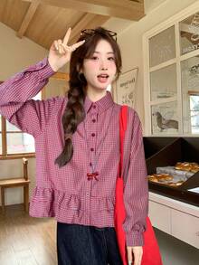 Women's Autumn/Winter Blue Plaid Hem Ruffle Patchwork Shirt, Casual Wear, Commuting, Long Sleeve Blouse, Cropped Top