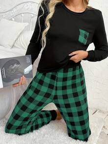 2Pcs Pajama Sets For Women, Long Sleeve T-Shirt & Elastic Waist Trousers Pj Set, Valentine Outfits For Women - 綠色 - 查看 4