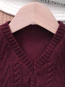 Boys' Collegiate Style Solid Color Cable Knit Sweater Vest - Burgundy - View 3