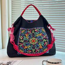 Bohemian Women's Shoulder Bag Embroidered Pattern Nylon Bag Large Capacity Cloth Bag Lightweight Foldable Storage Bag Commuter Bag Fashion Bag Travel Bag,Large-Capacity Handbags, Commuter Bags, Ladies' Bags