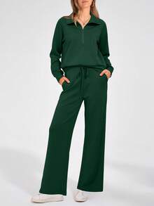 Women's 2 Piece Outfits Casual Lapel Half Zip Sweatshirts And Wide Leg Pants Tracksuit Sets - Dark Green - View 5