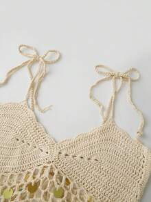 Women's Summer Slim Knit Crop Tops Tie-Up Spaghetti Strap Camisole Y2K V-Neck Split Hem Cutout Sequin Tank Tops For Beach Vacation Boho Streetwear - Màu be - Xem 7