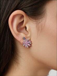 2 Stück Blumen Doppelschicht Kubikzirkonia Mikro-Pavé komplett veredelte Sakura Ohrstecker, Damen Edelstahl Ohrringe, minimalistisch elegante rosa süße Blumen kreative Ohrringe, Sakura Ohrringe, geeignet für täglichen Damenschmuck, ganzjährig, auch als Geschenk, Party, Strand Accessoire, Damen Ohrringe, anmutige Ohrringe