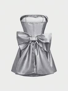 2025 New Sexy Sequin Design Slim Fit Off Shoulder Strapless Mini Dress, Chic Bow Accent, Metallic Coating, High Waist, Suitable For Christmas, Thanksgiving, Dates, Parties, Gatherings - Silver - View 5