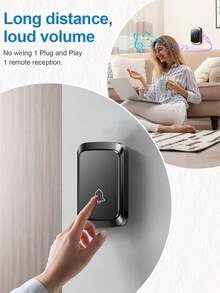 1 Set Wireless Doorbell Kit With Rain Cover, Long Range High Volume Chime, 60 Melodies 5 Volume Levels, Living Room/Garden Reminder, Powered By 3*AAA Batteries/USB (Batteries Not Included) - Black - View 2