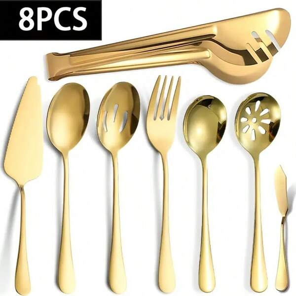 8 piezas de utensilios de servir de acero inoxidable, accesorios de cocina duraderos que incluyen pinzas para servir, pala para pastel/cuchara para servir/cuchara ranurada/tenedor para servir/cuchillo para mantequilla, elegantes herramientas de servir para fiestas, banquetes, bufés, comidas, Navidad, Acción de Gracias
