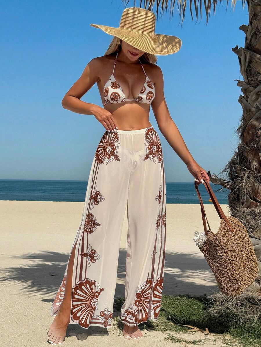 3件套女士挂脖系带三角比基尼套装，含印花网纱裤，波西米亚风花卉印花泳衣 - 彩色 - 查看 1