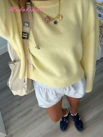 HoloChill Women Round Neck Dropped Shoulder Long Sleeve Loose Casual Sweater PulloverFall Outfit Summer Casual