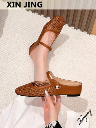 Xin Jing Shoes 2025 Autumn Women's Flat Shoes, Fashion Versatile Woven Hollow Strap Flat Heel Commuter Shoes