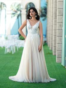 ANGELAG Tulle Patchwork Applique Elegant Wedding Dress For Bride, Ballgown - Rice Skin - View 3