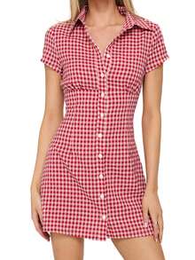 Women Plaid Shirt Dress Slim Fit Collared Short Sleeve Button-Up A-Line Mini Dress Casual Summer Streetwear - 紅色 - 查看 8