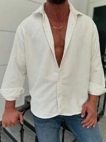 Men's Old Money Long Sleeve Shacket, Autumn - White - View 7