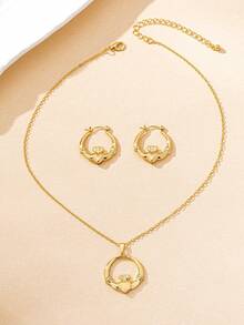 3 Stücke Set Damenschmuck, geometrischer Kreis Krone Herz Flügel Anhänger Halskette & Ohrringe, vintage elegant modisch, geeignet für Valentinstag, Party, Bankett und täglichen Gebrauch - Goldgelb - Übersicht 3