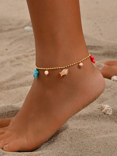 MONALLY 18K Gold Plated Fashionable Cute Fish, Blue & Red Starfish, Pearl Anklet, Stainless Steel Summer Jewelry For Women, Suitable For Vacation, Travel, Beach Party, Perfect Gift For Valentine's Day, Mother's Day, Comes With Anti-Oxidation Storage Box