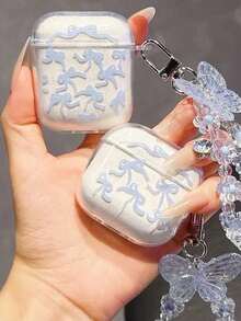 1 pieza Estuche de auriculares a prueba de golpes de TPU con lazo azul, concha brillante y colgante de mariposa, compatible con modelos de auriculares Apple