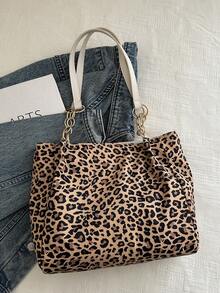 时尚条纹手提包 - 女士大容量单肩包 - 日常使用的拉链托特包 - 金属链条托特包 简约链条单肩托特包 适合少女、女大学生、新秀和白领人士 非常适合办公室工作、商务通勤 女士最佳工作包 秋季钱包 冬季猎豹印花豹纹 - 棕色 - 查看 6