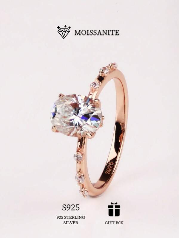 خاتم فضة إسترليني عيار 925 بموسانيت بيضاوي 1/2 قيراط، أنيق وبسيط للنساء، خاتم خطوبة وزفاف وحفلات وأنشطة يومية متعددة الاستخدامات للنساء، يأتي مع علبة هدية