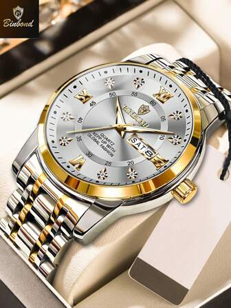  Reloj de lujo BINBOND para hombre, elegante, con fecha y día de la semana, resistente al agua, luminoso, reloj de cuarzo de acero inoxidable para hombre, relojes deportivos para hombres