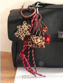 Series Cute Leather Leopard Print Small Bag Charm Keychain Vintage Leopard Bear Heart Highly Decorative Bag Pendant Suitable For Women Everyday Wear Fall
