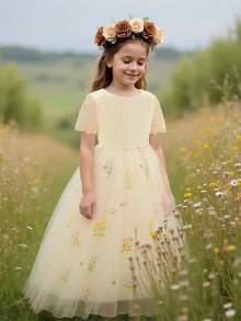 Tween-Mädchen Spitzenkleid mit kurzen Ärmeln, Stickerei und Mesh, elegantes rückenfreies Abendkleid, geeignet für Geburtstagsfeiern und Aufführungen, ohne Haarzubehör - Champagnerfarben - Übersicht 5