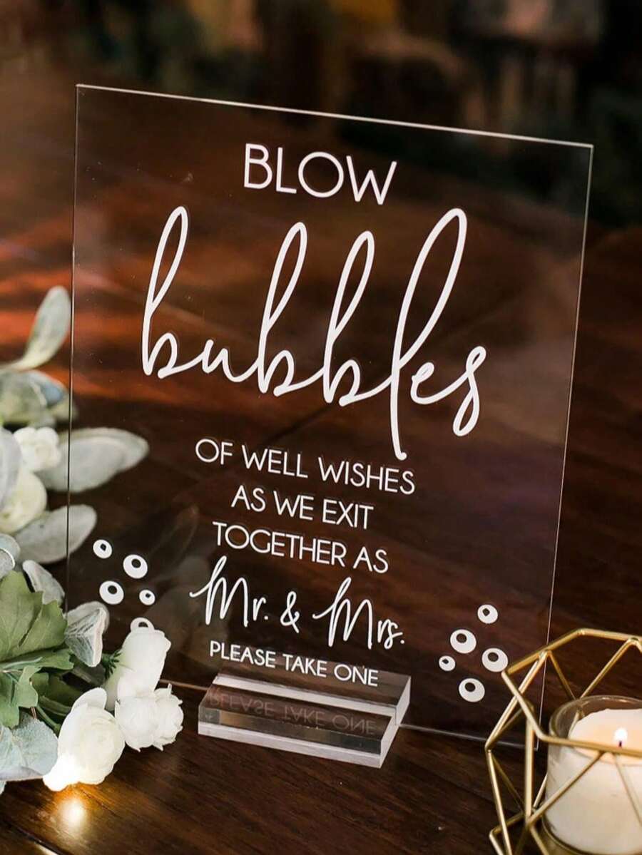 1pc Blow Bubbles Of Well Wishes For The New Mr And Mrs Clear Glass Look Acrylic Wedding Sign, Wedding Decor,Sendoff,Wedding Signs,Wedding Items,Wedding Party Supplies,Weddingessentials,Wedding Supplies,Wedding Decorations