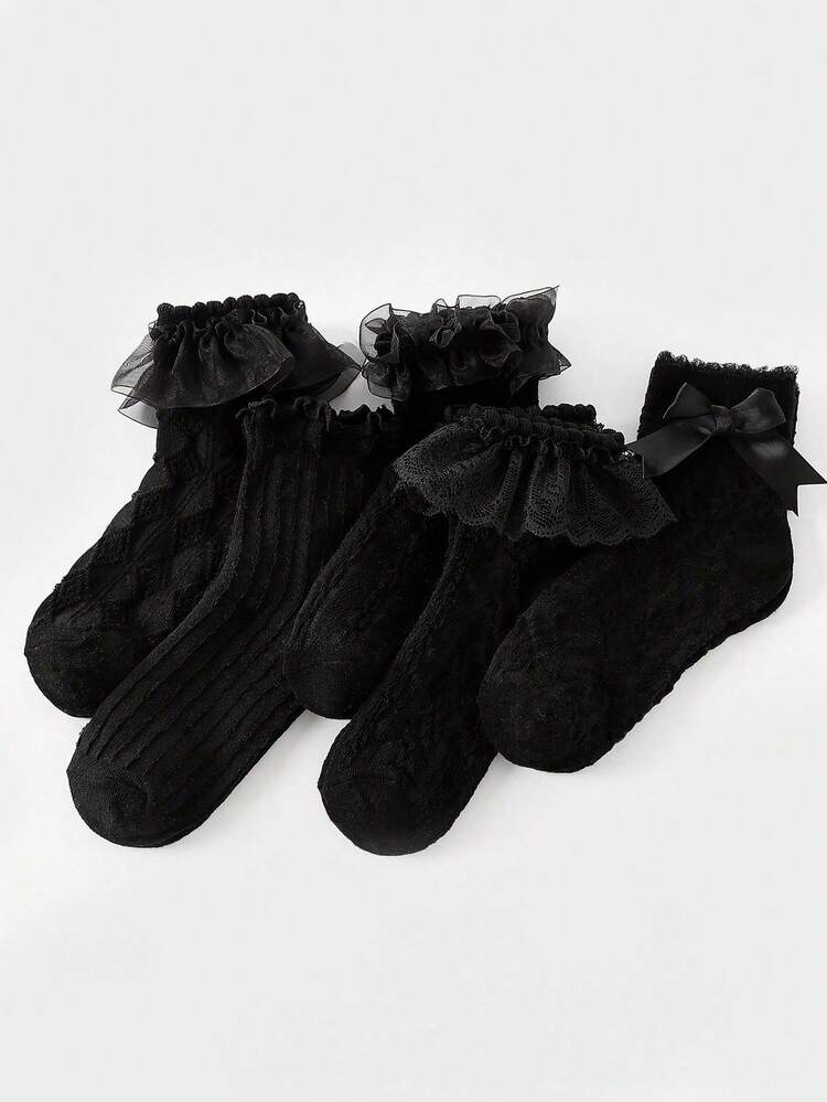 5pairs Girls Ruffle Trim Casual Crew Socks For Daily Life