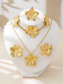 2pcs/5pcs Set Flower Necklace, Earrings, Bracelet, Ring Metal 5-Petal Flower Jewelry Set, Elegant & Sweet Accessories