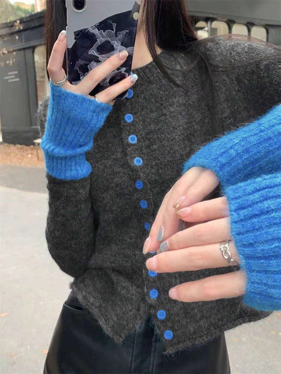 撞色复古设计针织开衫女装，新款秋季修身单排扣时尚毛衣