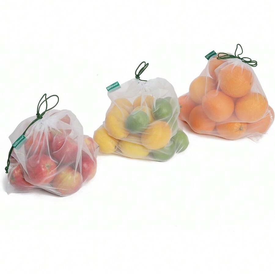 Reusable Mesh Produce Bags - Washable Set Of 9 Premium Bags, TRANSPARENT Lightweight, Strong SEE-THROUGH Mesh For Shopping, Transporting And Storing Fruits And Veggies.