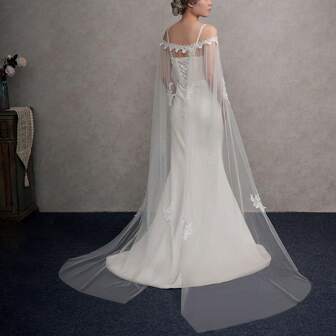 1pc Solid Color Mesh Lace Floral Decor Trailing Luxury Accessory Wedding Shawl Bolero Long Style Wedding Dress Train Shoulder Veil Shawl For Photo Shoot Fall Clothes For Women