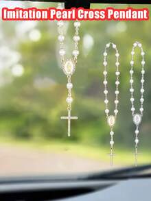 Pearl Rosary Cross Pendant Rearview Mirror Charm - Elegant Catholic Religious Rearview Mirror Decor With Glossy Beads - Fits Most Cars/SUVs - Inspirational Gift For Baptism/First Communion/Christmas (Gold/Silver) - Car Accessories, Car Decor, Car Interior Accessories, Automotive Supplies, Car Accessories - Multicolor - View 6