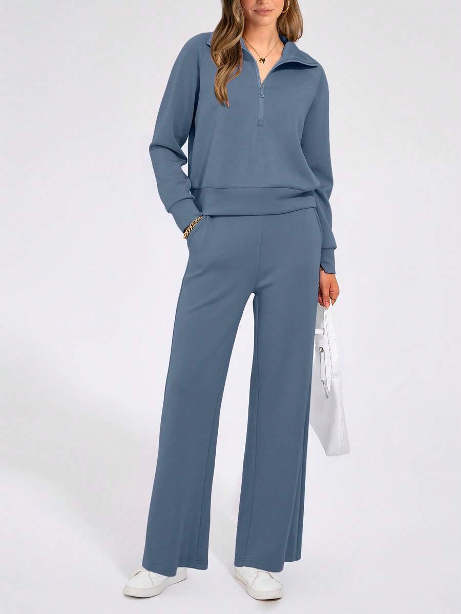 Women's 2 Piece Outfits Casual Lapel Half Zip Sweatshirts And Wide Leg Pants Tracksuit Sets - 灰藍色 - 查看 1